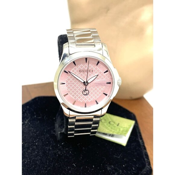 Gucci Women's Watch YA1265047 G-Timeless Swiss Quartz Pink Dial Steel 27mm - Picture 1 of 15